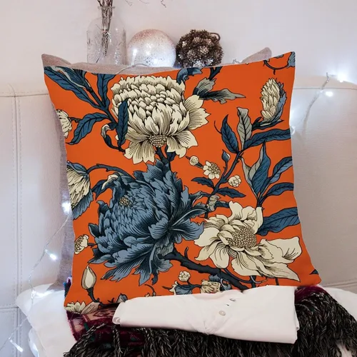 Vista 8 de Funda de cojín con diseño de flores de caqui chinoiserie, color naranja, azul marino, peonía, funda de almohada cuadrada rústica para sofá