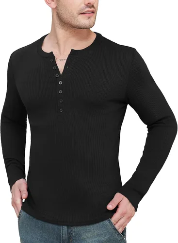 Vista 24 de YTD - Camiseta de manga larga Henley básica ajustada para hombre, estilo casual