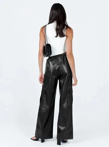 Vista 4 de Fisoew - Pantalones cargo de cuero para mujer, holgados, cintura alta, pierna ancha
