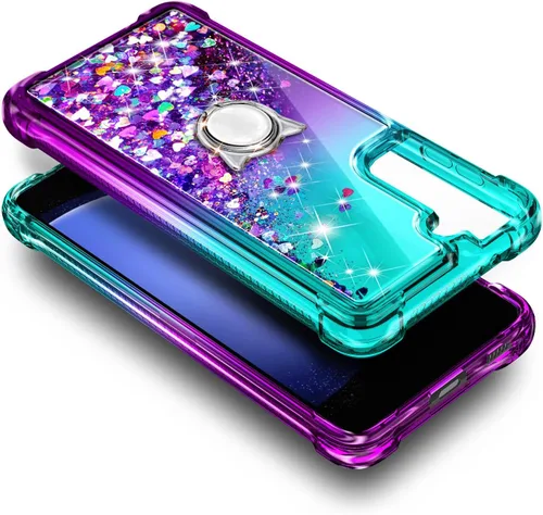Vista 6 de Funda compatible con Samsung Galaxy S24-FE Aqua/Purple Funda líquida flotante con purpurina linda con protector de pantalla de vidrio templado