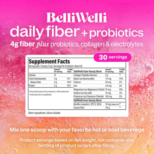 Vista 2 de Belli Welli Suplemento diario de fibra para mujeres y hombres – Polvo de fibra premium de acacia orgánica con colágeno añadido, electrolitos