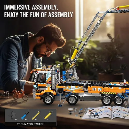 Vista 6 de Mould King 19014 Technology - Kit de construcción de camiones con bomba de hormigón neumática, ingeniería multicolor, juguetes de grúa telescópica