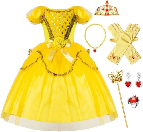 Vista 6 de FMYFWY Disfraz de princesa de Bella para niñas, disfraz de belleza y bestia, Halloween, Navidad, boda, cumpleaños (accesorios)