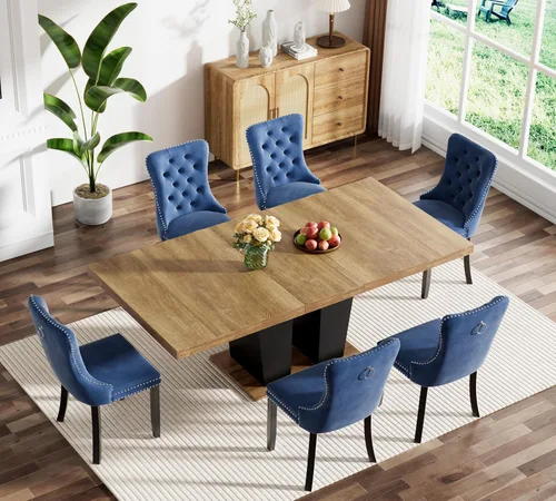 Vista 26 de Juego de mesa de comedor extensible marrón de 63 a 78.74 pulgadas para 4, juego de mesa de comedor de 5 piezas con 4 sillas, mesa de cocina