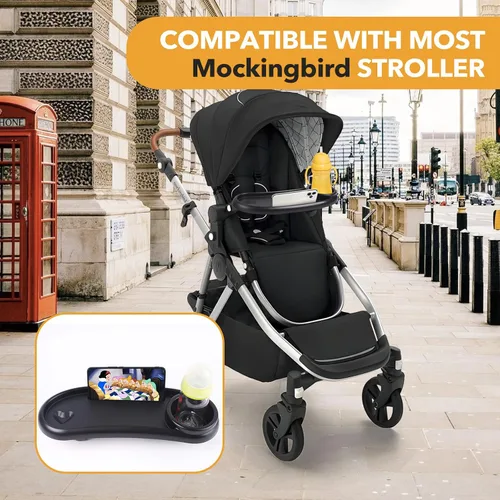 Vista 5 de Bandeja de aperitivos compatible con Mockingbird, Nuna, Evenflo Stroller, bandeja ajustable para cochecito con soporte para tazas y soporte