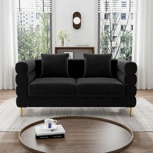 Vista 9 de OUYESSIR Sofá Cloud para sala de estar, cómodo sofá biplaza de terciopelo de 59 pulgadas con 2 almohadas y patas doradas, moderno asiento de dos