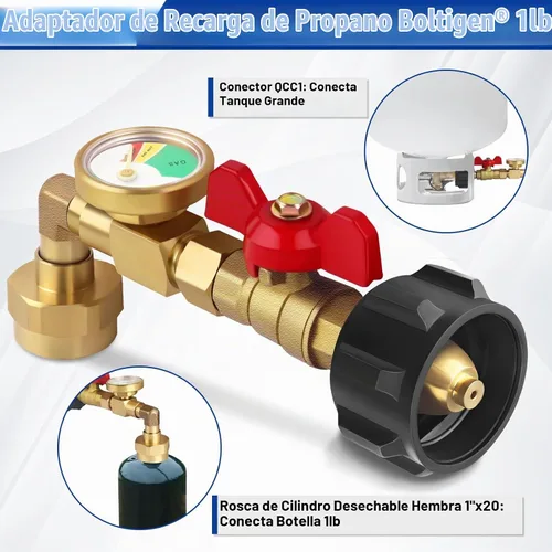 Vista 3 de Boltigen Adaptador de codo de repuesto de propano con medidor de tanque, adaptador de recarga de propano mejorado para tanques de 1 libra, adaptador