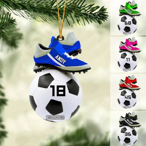 Vista 17 de Adorno de fútbol personalizado, adorno de Navidad de jugador de fútbol personalizado con nombre y número, regalo deportivo único para hombres