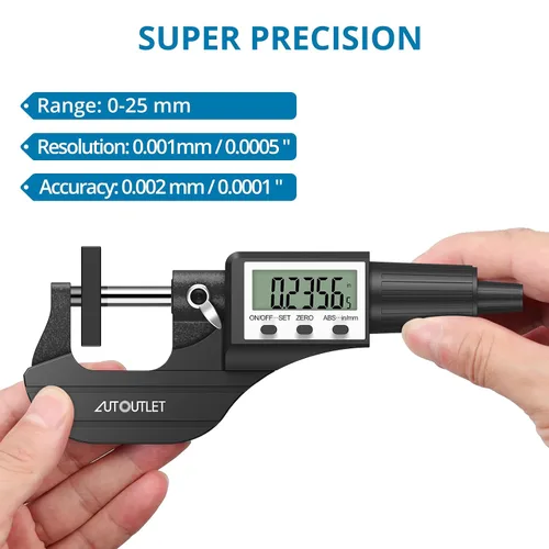 Vista 2 de AUTOUTLET 0.000-0.984 in/0-1 micrómetro digital - Herramienta de medición de precisión con sonda endurecida sinterizada de acero inoxidable