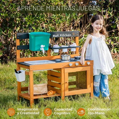 Vista 3 de ROBUD Cocina de Barro para Niños al Aire Libre, Cocina de Juego de Madera al Aire Libre, Cocina de Barro para Niños con Fregadero y Grifo