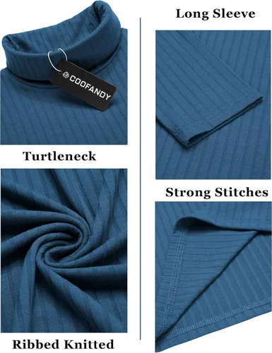 Vista 5 de COOFANDY Camisetas de manga larga con cuello alto para hombre, ajustadas, acanaladas, básicas, suéter de punto ligero