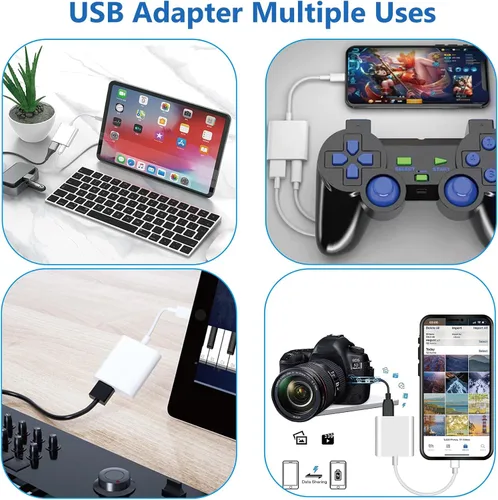 Vista 6 de KikoSaka Adaptador Lightning a USB para cámara para iPhone con puerto de carga Lightning Cable OTG USB 3.0 hembra Teclado Mouse Sin soporte para USB