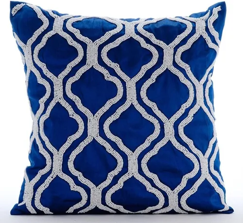 Vista 17 de The HomeCentric Funda de cojín para sofá, 12 x 12 pulgadas, funda de almohada decorativa cuadrada de lino azul claro con zardozi y cuentas bordadas