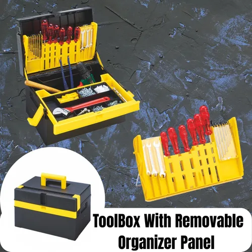 Vista 3 de Caja Organizadora de Herramientas Compacta con Bandeja Extraíble Caja de Herramientas de Plástico Resistente con Compartimentos para DIY