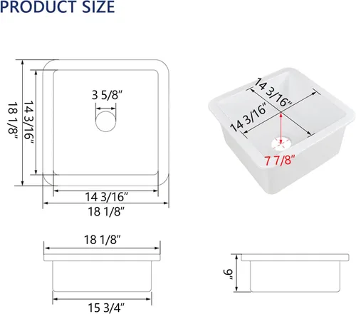 Vista 3 de DeerValley Fregadero de Cocina Empotrado de 45.7 cm L x 45.7 cm A Fregadero de Un Solo Tazón de Barro Refractario Cuadrado para Barra con Rejilla