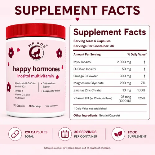 Vista 3 de Hormonas Felices • Multivitaminas para PCOS para Mujeres – Inositol Myo & D-Chiro 40:1, Omega-3, Vitamina D3, Zinc y Magnesio • Equilibrio Hormonal