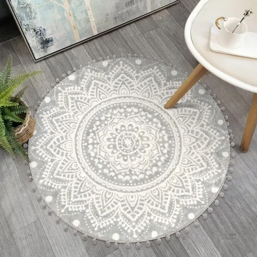 Vista 11 de Uphome Alfombra Redonda Pequeña de 2' Boho Beige y Gris Alfombra de Baño con Pompones y Flecos Lavable Mandala Círculo Tapete de Ducha Suave Mandala