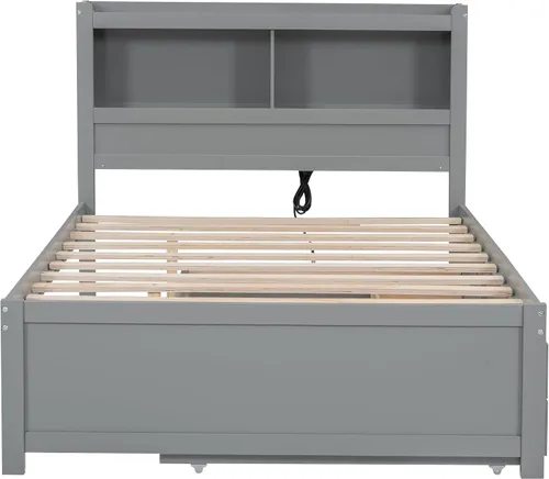 Vista 6 de Polibi Cama de plataforma de tamaño matrimonial con nido individual, marco de cama de madera de pino con almacenamiento, estantería, cajones y Gris