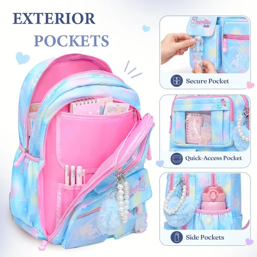 Vista 3 de Alrisg Mochila escolar para niñas, para escuela primaria, linda mochila para niñas, color azul