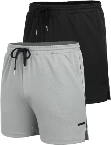 Vista 4 de COOFANDY Paquete de 2 pantalones cortos de entrenamiento para hombre, de secado rápido, pantalones cortos deportivos ligeros de 5 pulgadas