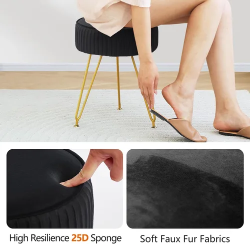 Vista 5 de Taburete de tocador de terciopelo, silla redonda de maquillaje con patas de metal ajustables y asiento acolchado suave, taburete otomano
