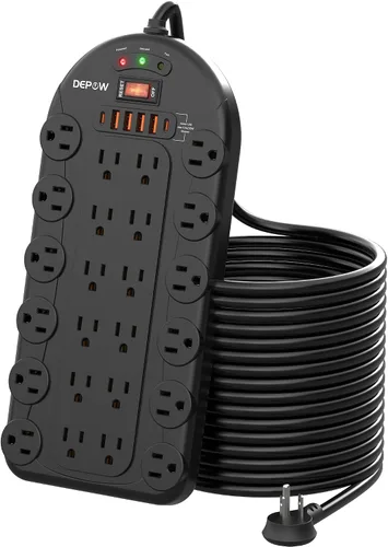 Vista 11 de DEPOW Regleta protectora contra sobretensiones de 6.5 pies con 24 salidas de CA (1875 W/15 A), 6 USB (2 puertos USB-C), 3,400 julios, cable de Negro