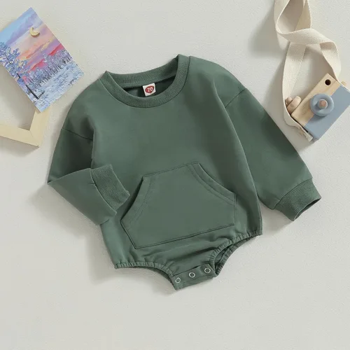 Vista 64 de Mameluco de manga larga con bloques de color para bebé, niño, niña, con bolsillo, cuello redondo, sudadera básica para otoño e invierno
