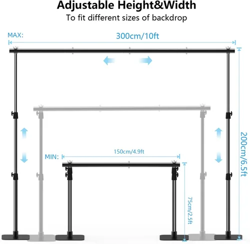 Vista 3 de Kit de soporte de fondo para fotos, 6.5 x 10 pies, soporte de fondo de fotografía ajustable con base plana de metal para fiestas de cumpleaños, baby