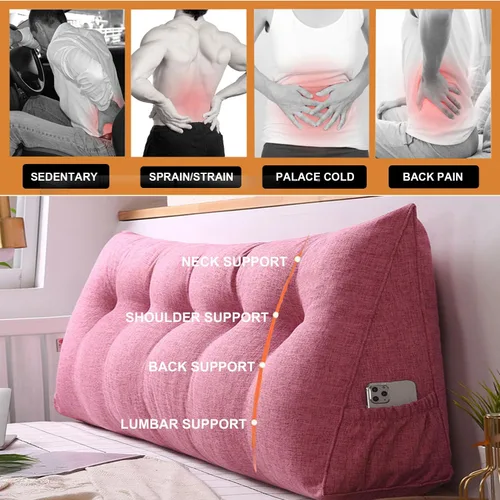 Vista 3 de Almohada triangular grande para cabecero de lectura, almohada de lino y algodón para sofá cama, cojín de apoyo de posicionamiento con funda Rosa