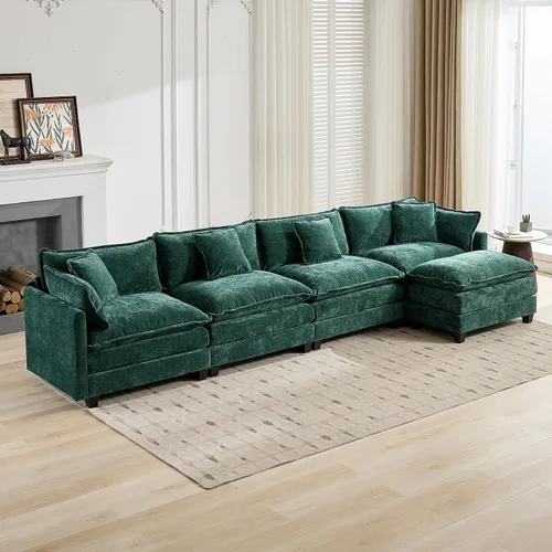 Vista 25 de Sofá seccional modular verde de 111.5", sofás seccionales grandes de 3 plazas para sala de estar, sofá nube oversized de tela chenille con otomana