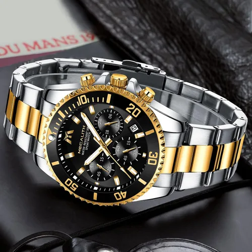 Vista 8 de MEGALITH Relojes para hombre, acero inoxidable, impermeable, analógico, de cuarzo, cronógrafo, de negocios, para hombres, fecha automática