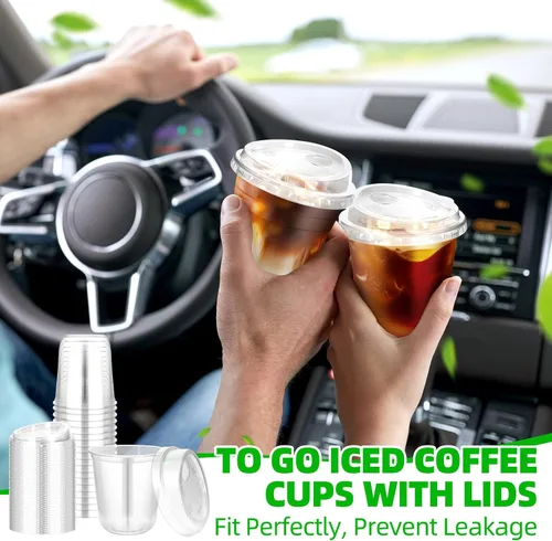 Vista 5 de 50 piezas de vasos de plástico para café con tapas con asa, vasos desechables de plástico PET transparente con tapas sin pajita para café helado