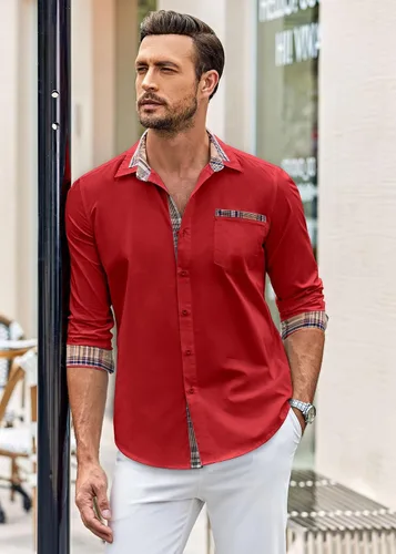 Vista 3 de COOFANDY - Camisa de vestir de algodón con mangas largas, botones y cuello a cuadros, de estilo casual, para hombres