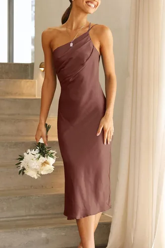 Vista 4 de PRETTYGARDEN Vestido midi de satén para mujer, con un hombro, tirantes delgados, espalda descubierta, fruncido, vestido ajustado de verano