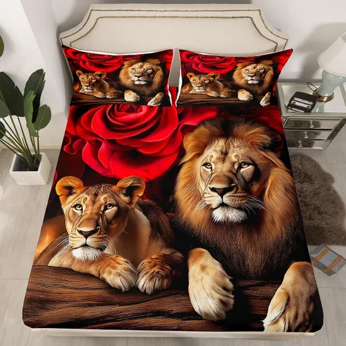 Vista 21 de Erosebridal Juego de sábanas bajeras de rosas rojas y leopardo, tamaño individual, diseño de animales africanos salvajes, diseño de plantas