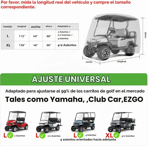 Vista 8 de 10L0L Funda para carrito de golf de 4 pasajeros se adapta a EZGO, Club Car, Yamaha, 400D, impermeable, resistente al viento, resistente al sol