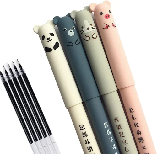 Vista 3 de 4 piezas/set Kawaii Pig Bear Cat Mouse Bolígrafos de gel borrables para la escuela, oficina, papelería, regalo 0.35mm Tinta azul y negra 4 Negro 4