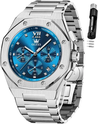 Vista 14 de OLEVS - Relojes de acero inoxidable para hombre, reloj de negocios y vestir de gran tamaño, fácil de leer, analógico, impermeable, luminoso, casual