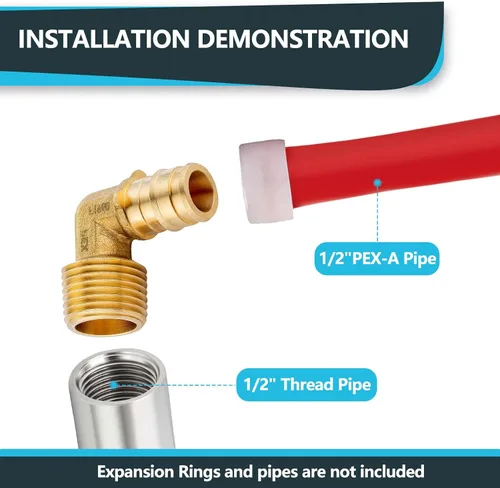 Vista 4 de Paquete de 5 codos NPT macho Seelink de 1/2" PEX-A de expansión x 1/2" Accesorios de expansión PEX-A de latón, para accesorios de tubería