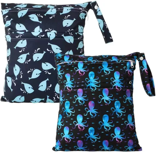 Vista 11 de 2 bolsas de tela para pañales húmedos y secos, impermeables, reutilizables, con dos bolsillos con cremallera, para viajes, playa, piscina Negro