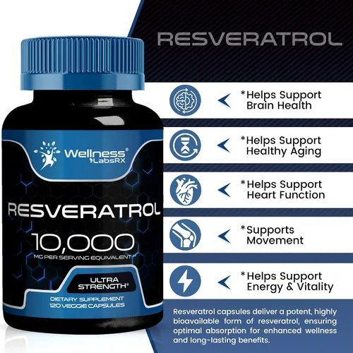 Vista 5 de WELLNESS LABSRX Suplemento de resveratrol de 1000 mg, 120 cápsulas (suministro de 60 días), trans-resveratrol de alta pureza ultra fuerte para un