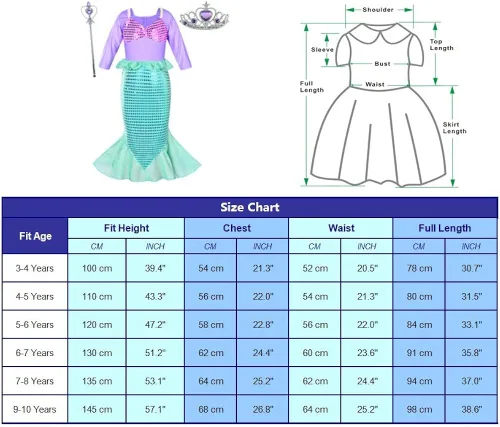 Vista 7 de Little Girls Mermaid Princess Costume Dress for Girls Dress Up Party with Crown Mace