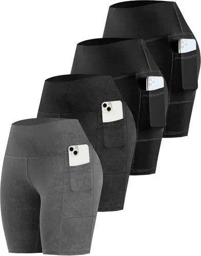 Vista 10 de CHRLEISURE - Pantalones cortos de ciclismo para mujer con bolsillos de licra, cintura alta, con control de abdomen para entrenamiento, yoga