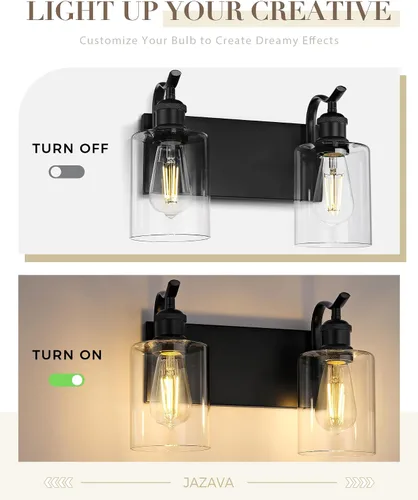 Vista 7 de Lámpara de baño negra de 2 luces sobre el espejo, luz de tocador moderna, aplique de pared de vidrio transparente, VL01BK-2 Cristal negro
