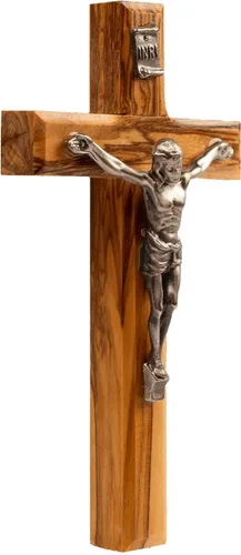 Vista 3 de Crucifixión con cruz tallada en madera de olivo hecha a mano de Jesús INRI de Tierra Santa Jerusalén bendito recuerdo cristiano regalo decoración