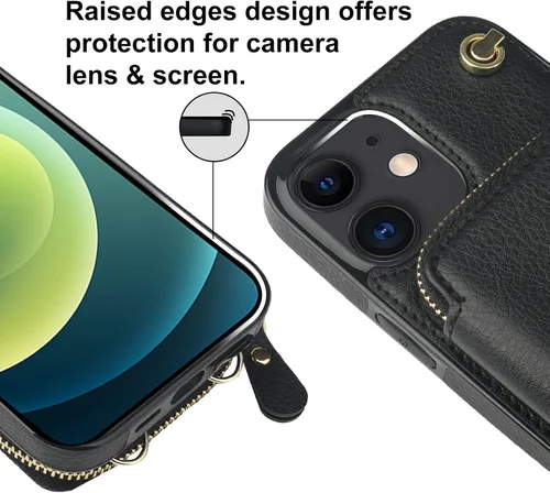Vista 7 de Bocasal Funda tipo cartera cruzada para iPhone 12/12 Pro, funda de piel con bloqueo RFID y soporte para tarjetas, funda protectora con cremallera