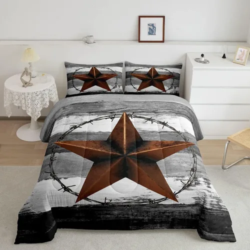 Vista 23 de Juego de edredón de calavera de vaca para niños, tamaño individual, juego de ropa de cama de herraduras de vaquero occidental, Texas Star
