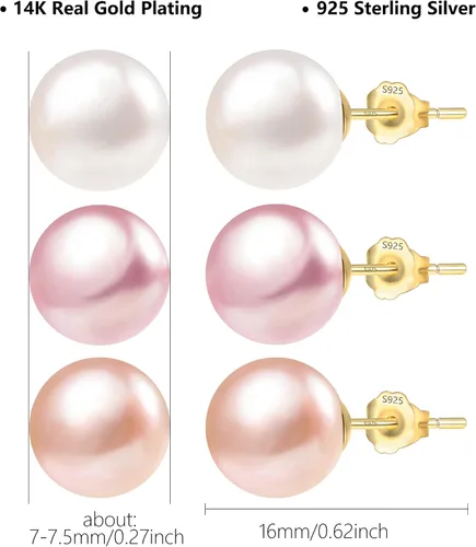 Vista 3 de Aretes de perlas para mujer, juego de tachuelas AAA de agua dulce, hipoalergénicos, de plata de ley, paquete múltiple