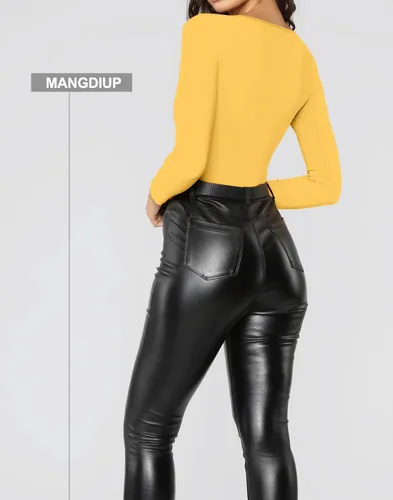 Vista 59 de MANGDIUP Body esencial para mujer, cuello redondo, manga larga, ajustado, elástico, de algodón y elastano