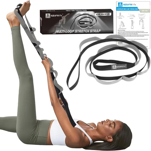Vista 2 de A AZURELIFE Half-Elastic Stretch Straps with 11 Loops, Stretching Strap for Physical Therapy, Multi-Loop Yoga Strap Fitness Exercise Strap for Yoga
